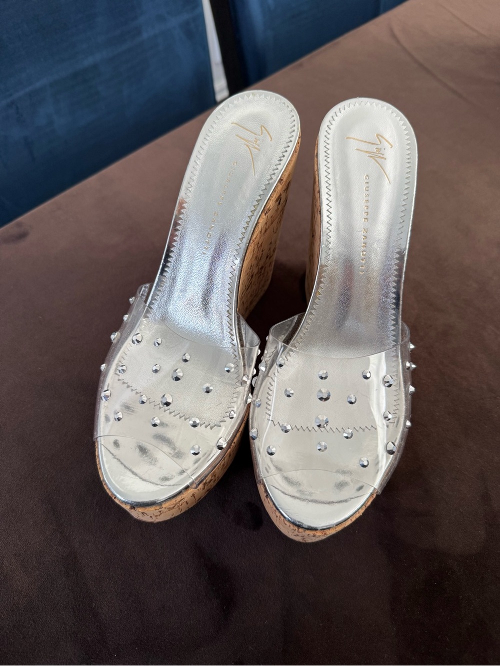 Giuseppe Zanotti Silver Clear Studded Cork Wedge Mules